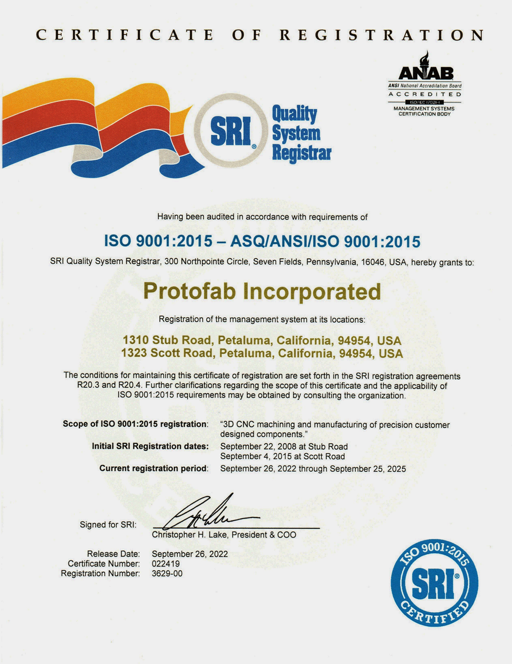 ISO Certificate of Registration - ProtoFab